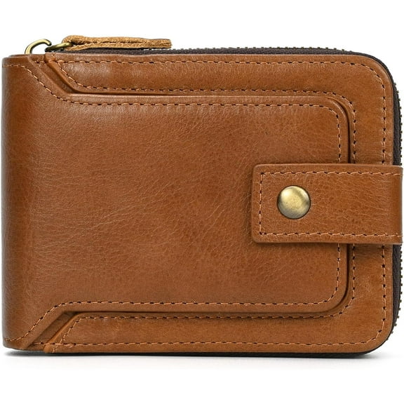 Genuine Leather Zipper Wallet for Men, RFID Blocking Mens Wallet with Zipper Coin Pocket ID Window Zipper Wallets Large Capacity