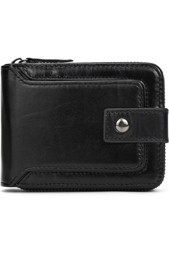 Genuine Leather Zipper Wallet for Men, RFID Blocking Mens Wallet with Zipper Coin Pocket ID Window Zipper Wallets Large Capacity