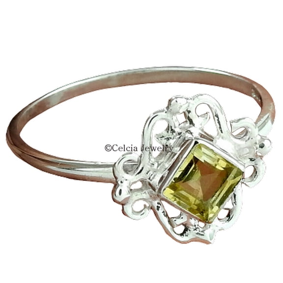 Genuine Lemon Quartz Ring, Solid 925 Sterling Silver Ring, Natural Healing Gemstone Ring, Beautiful Ring, Bohemian Ring, Proposal Ring, Yellow Gemstone Faceted Square Ring (lemon-quartz, 7)