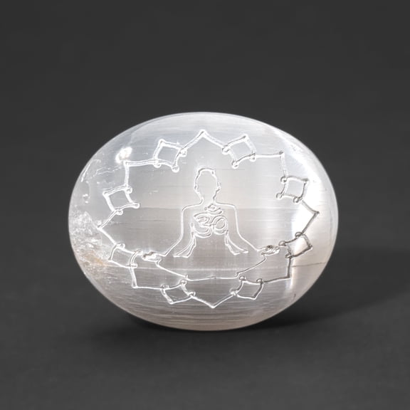 Genuine Mandala Engraved Selenite Om Palm Stone
