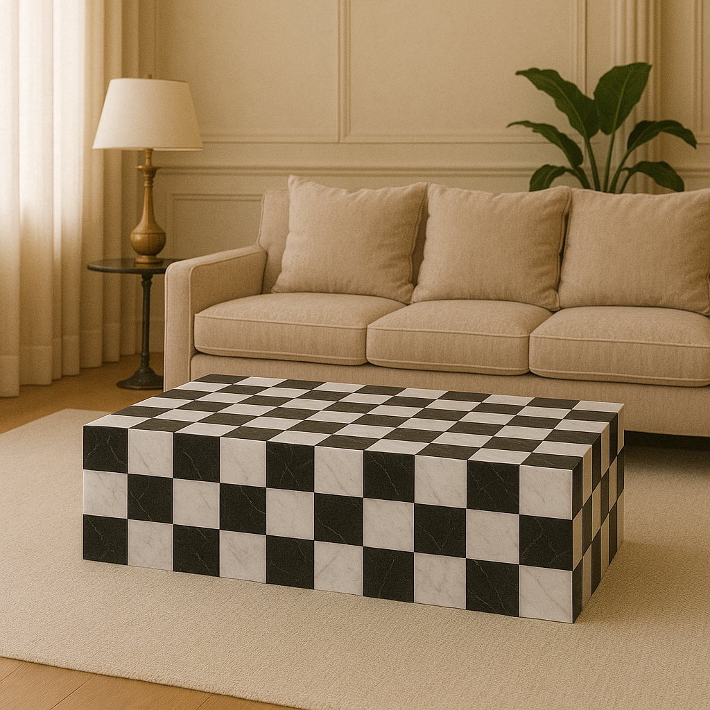 Genuine Marble Coffee Table - Nero Black / Carrara Tiled Marble
