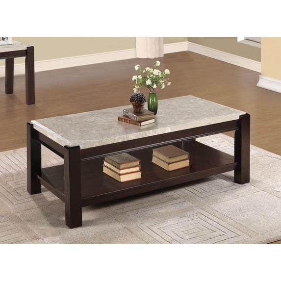 Genuine Marble Top Cocktail Table Dark Cherry Finish Wood Frame Contemporary Living Room Furniture 1pc Coffee Table