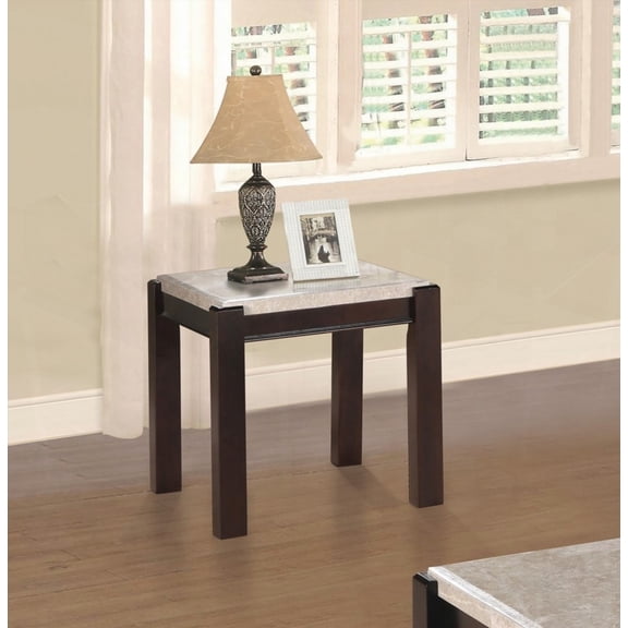 Genuine Marble Top End Table with Dark Cherry Finish Wood Frame for Contemporary Living Room - 1pc Side Table