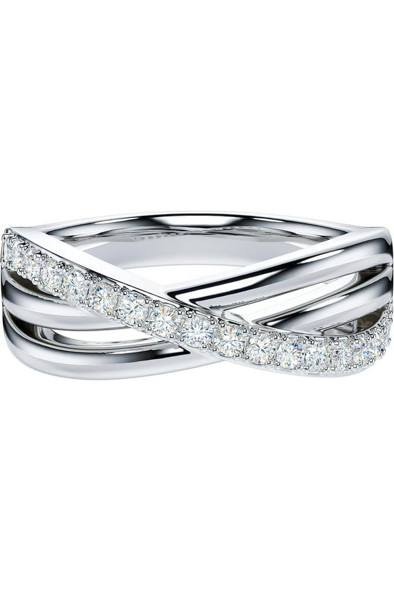 Genuine Moissanite or Simulated Round Brilliant Cut Diamond Sterling Silver Crossover Split Shanks Wedding Ring For Couples