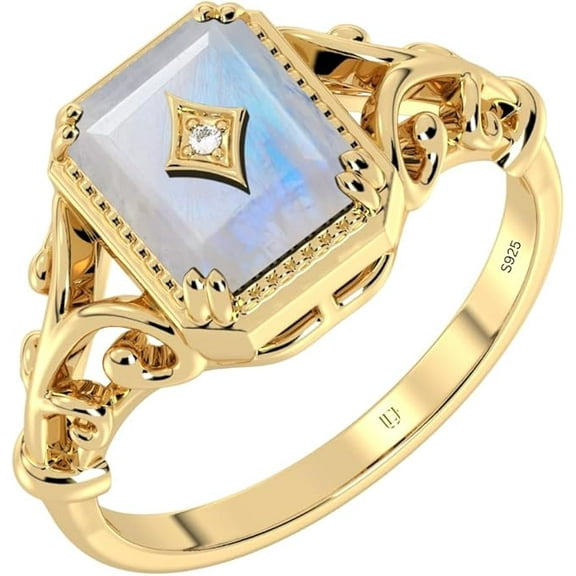 Genuine Moonstone Ring, Yellow Gold Plated Ring, 925 Sterling Silver Ring, Engagement Ring, Gold Plated Jewelry, Gold Ring, Gift for Her