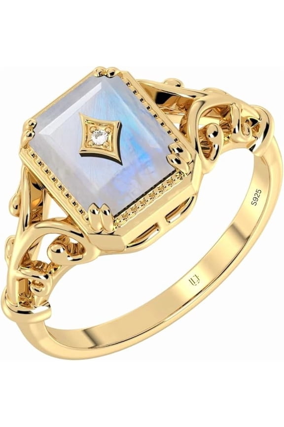 Genuine Moonstone Ring, Yellow Gold Plated Ring, 925 Sterling Silver Ring, Engagement Ring, Gold Plated Jewelry, Gold Ring, Gift for Her