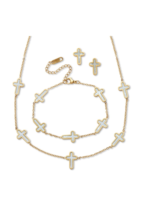 Genuine Mother of Pearl Yellow Gold Ion-Plated Stainless Steel Cross Jewelry Set