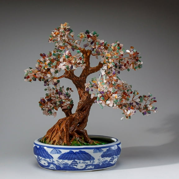 Genuine Multi Gemstone Bonsai Tree in Oval Ceramic Pot (14")