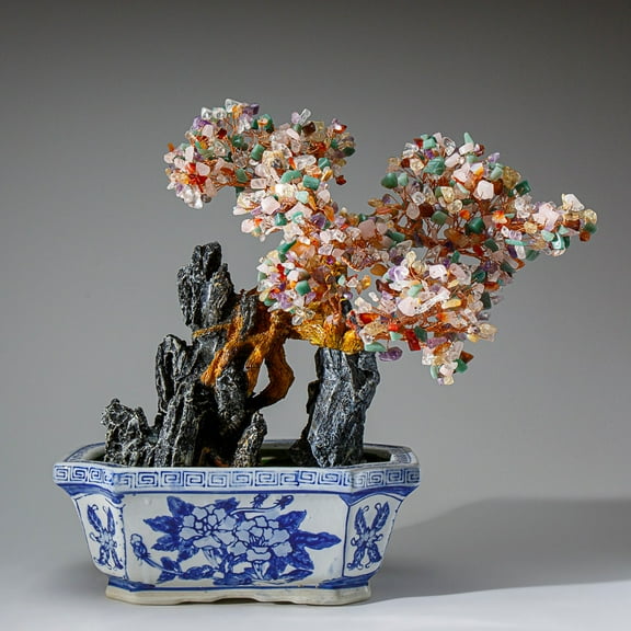 Genuine Multi Gemstone Bonsai Tree in Square Ceramic Pot (13")