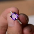 thumbnail image 1 of Genuine Natural Amethyst Ring Purple Quartz Crystal Gemstone Jewelry Cushion Cut Sterling Silver Ring, 1 of 3