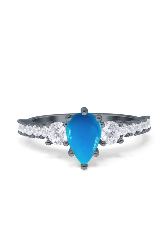 Genuine Natural Arizona Sleeping Beauty Turquoise Black Tone Silver Size-5 Art Deco Three Stone Pear Teardrop Trellis Ring Vintage Style CZ Wedding Engagement Ring 925 Sterling Silver Gifts For Her