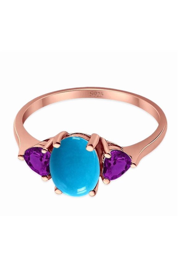 Genuine Natural Arizona Sleeping Beauty Turquoise Rose Tone Silver Size-8 Three Stone Oval Trio Ring Two Heart Amethyst CZ Wedding Engagement Ring 925 Sterling Silver Gifts For Her
