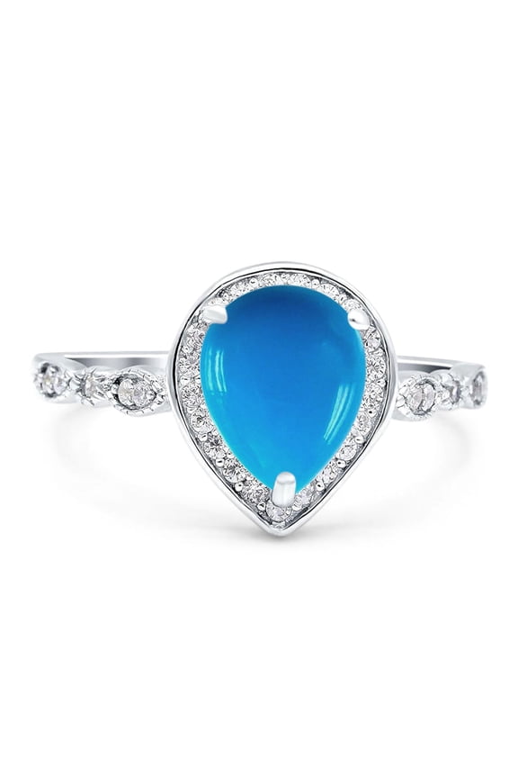Genuine Natural Arizona Sleeping Beauty Turquoise Size-10 Pear Teardrop Vintage Rings Marquise Style Halo CZ Wedding Engagement Ring For Women 925 Sterling Silver Gifts For Her