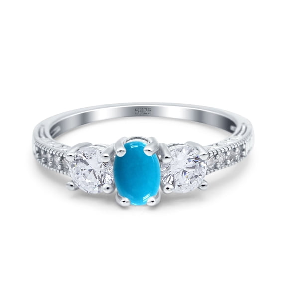 Genuine Natural Arizona Sleeping Beauty Turquoise Size-5 Three Stone Art Deco Oval Trio Ring Vintage Style CZ Wedding Engagement Ring 925 Sterling Silver Gifts For Her