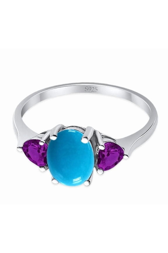 Genuine Natural Arizona Sleeping Beauty Turquoise Size-5 Three Stone Oval Trio Ring Two Heart Amethyst CZ Wedding Engagement Ring 925 Sterling Silver Gifts For Her
