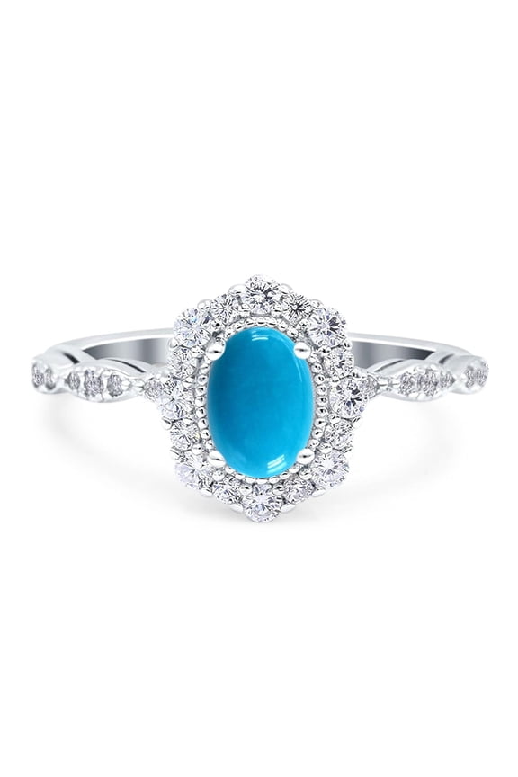 Genuine Natural Arizona Sleeping Beauty Turquoise Size-7 Art Deco Oval Floral Vintage Rings Cluster Halo CZ Wedding Engagement Ring For Women 925 Sterling Silver Gifts For Her