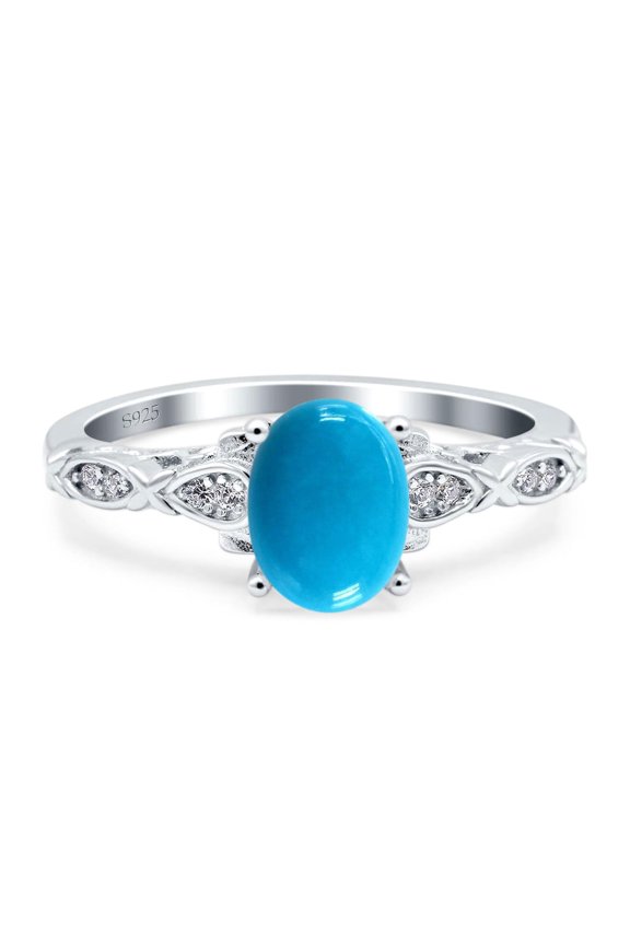 Genuine Natural Arizona Sleeping Beauty Turquoise Size-9 Art Deco Oval Vintage Rings Leaf Filigree Design CZ Wedding Engagement Ring For Women 925 Sterling Silver Gifts For Her