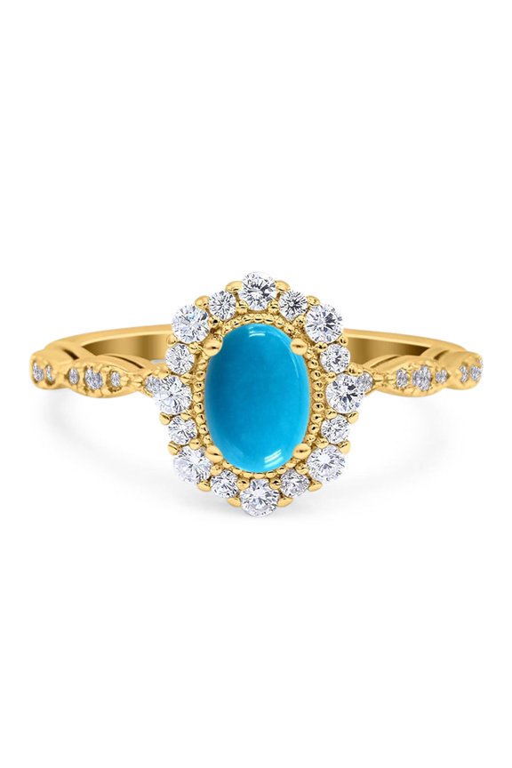 Genuine Natural Arizona Sleeping Beauty Turquoise Yellow Tone Silver Size-5 Art Deco Oval Floral Vintage Rings Cluster Halo CZ Wedding Engagement Ring For Women 925 Sterling Silver Gifts For Her