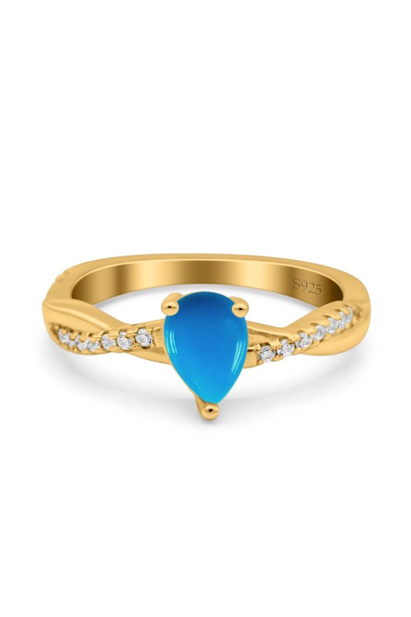 Genuine Natural Arizona Sleeping Beauty Turquoise Yellow Tone Silver Size-9 Art Deco Pear Teardrop Infinity Shank Twisted Ring CZ Wedding Engagement Rings For Women 925 Sterling Silver Gifts For Her
