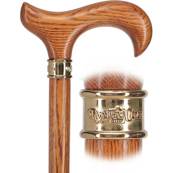 Genuine Oak Wood Derby Walking Cane - Stylish Brass Embossed Collar - Elegant Walking Stick for Men and Women