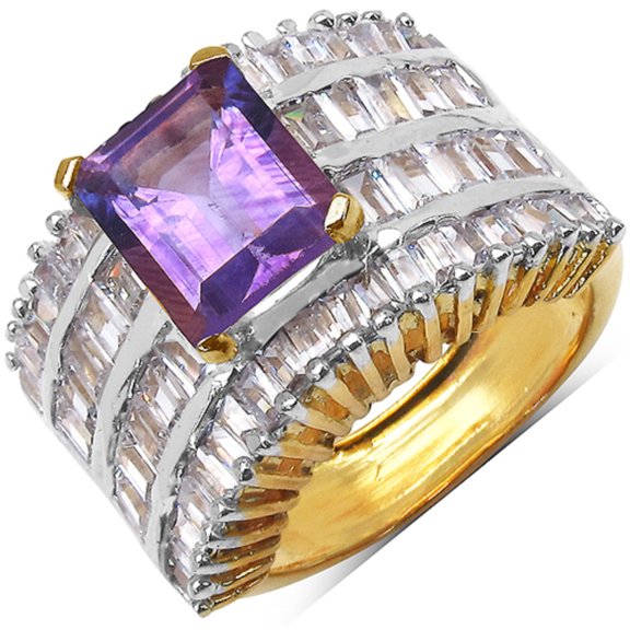 Genuine Octagon Amethyst and Cubic Zirconia Ring in 14k Yellow Gold Plated Brass - Size 8.00