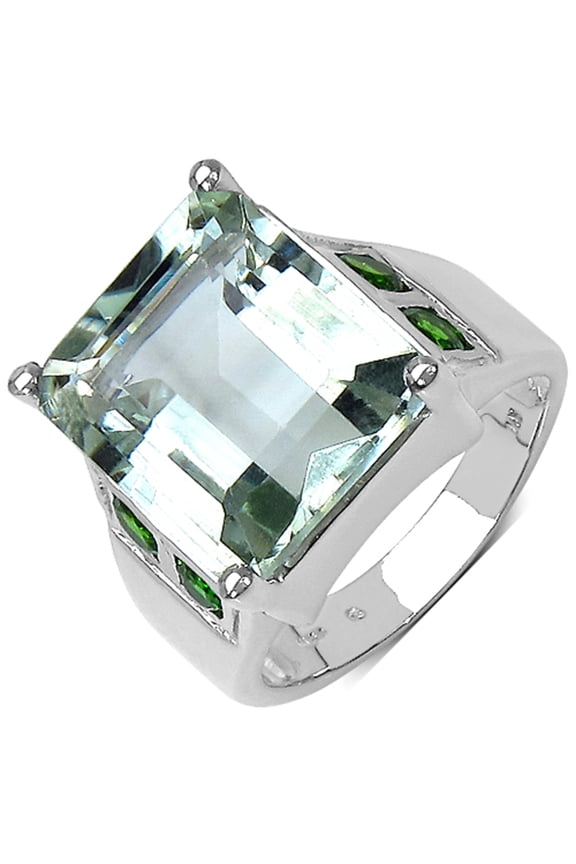 Genuine Octagon Prasiolite (Green Amethyst) and Chrome Diopside Ring in Sterling Silver - Size 6.00