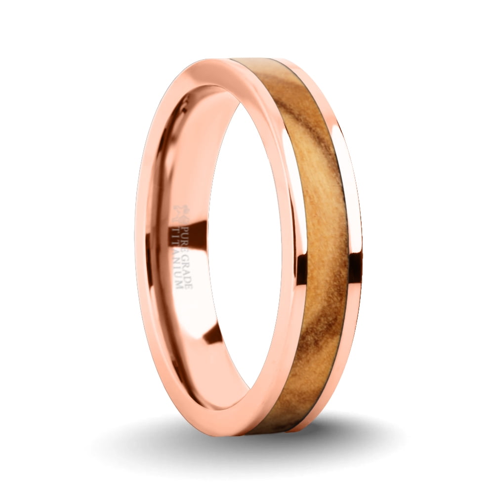 Genuine Olive Wood Twin Inlay Rose Gold Titanium Wedding Ring 4mm
