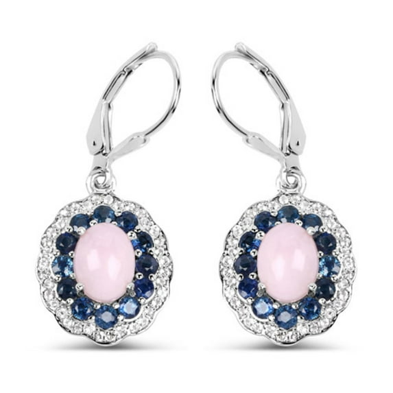 Genuine Oval Pink Opal, Blue Sapphire and White Topaz Earrings in Sterling Silver