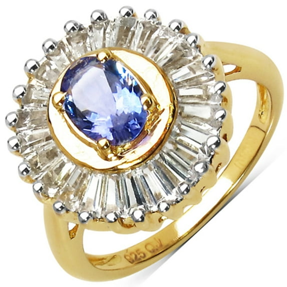 Genuine Oval Tanzanite and White Topaz Ring in 14k Yellow Gold Plated Sterling Silver - Size 7.00