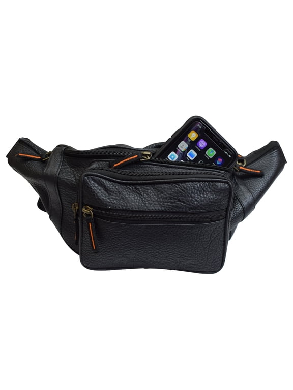 Genuine Pebbled Leather Fanny Pack Black Multiple Pockets Waist Bag Travel Hiking Sports