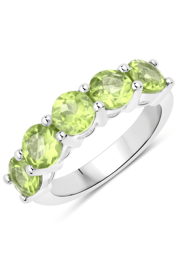 Genuine Peridot Ring in .925 Sterling Silver with Rhodium Plating 5 Stone Green Ring Natural Round Shaped Peridot 3.25 Carat August Birthstone Ring Jewelry Gift For Women
