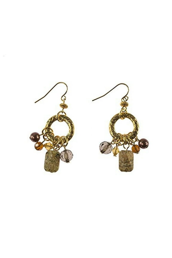 Natural Picture Jasper Drop Earrings with Crystal Beads - Boho Dangle Earrings Jewelry Earring Gold