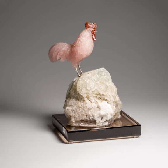 Genuine Polished Hand Carved Quartz Rooster on a Quartz Matrix (8"H)