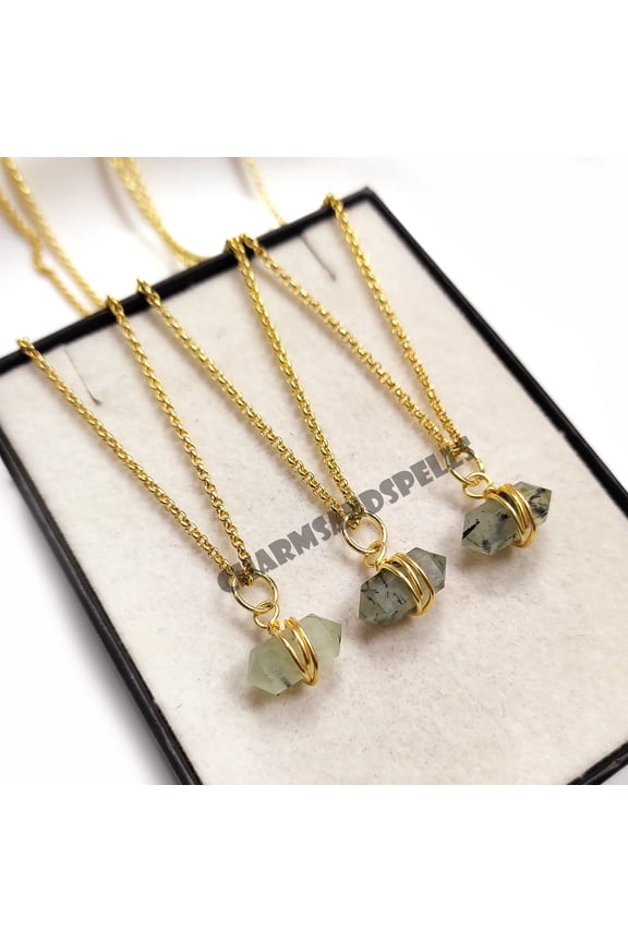 Genuine Prehnite Pencil Necklace, Wire Wrapped Prehnite Necklace, 14K Gold Plated Necklace, Birthday Gifts, Wedding Gifts, Gifts For Her