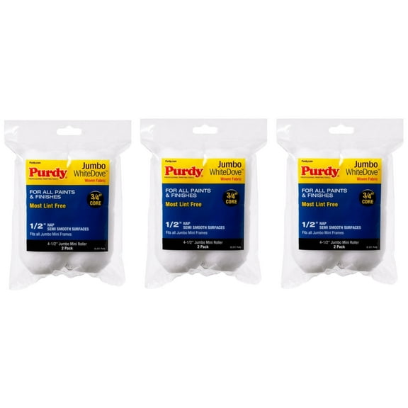 Genuine Purdy 3 Sets of White Dove Jumbo Mini 4-1/2" x 1/2" Nap 2 Pack Roller Covers 140624013-3PK