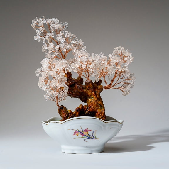 Genuine Quartz Gemstone Bonsai Tree in Oval Ceramic Pot (10â Tall)