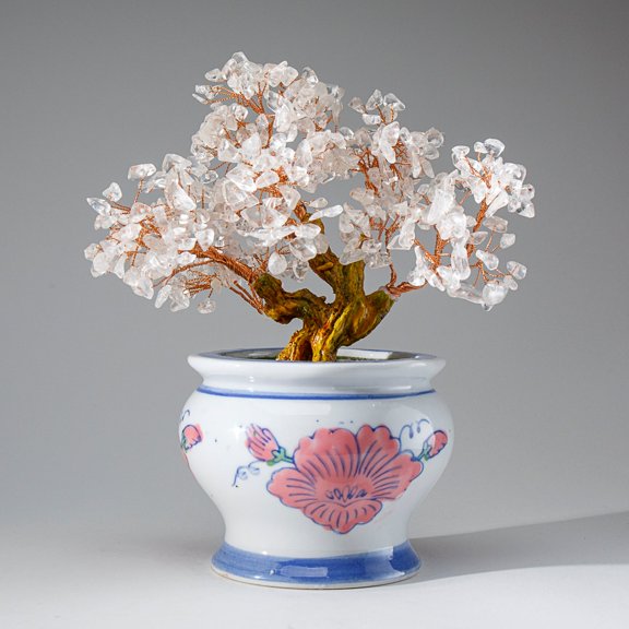 Genuine Quartz Gemstone Bonsai Tree in Round Ceramic Pot (9")