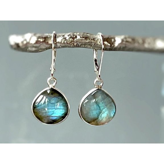 Genuine Rainbow Labradorite 925 Sterling Silver Lever Back Dangle Earrings