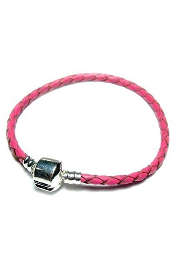 Genuine Real Braided Leather Bracelet (Pink 9.0")Fits Beads For European Snake Chain Charms