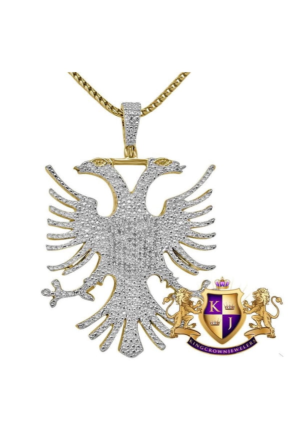Genuine Real Diamond Albanian Eagle Pendent 10K Yellow Gold Finish Charm Chain Set 2''
