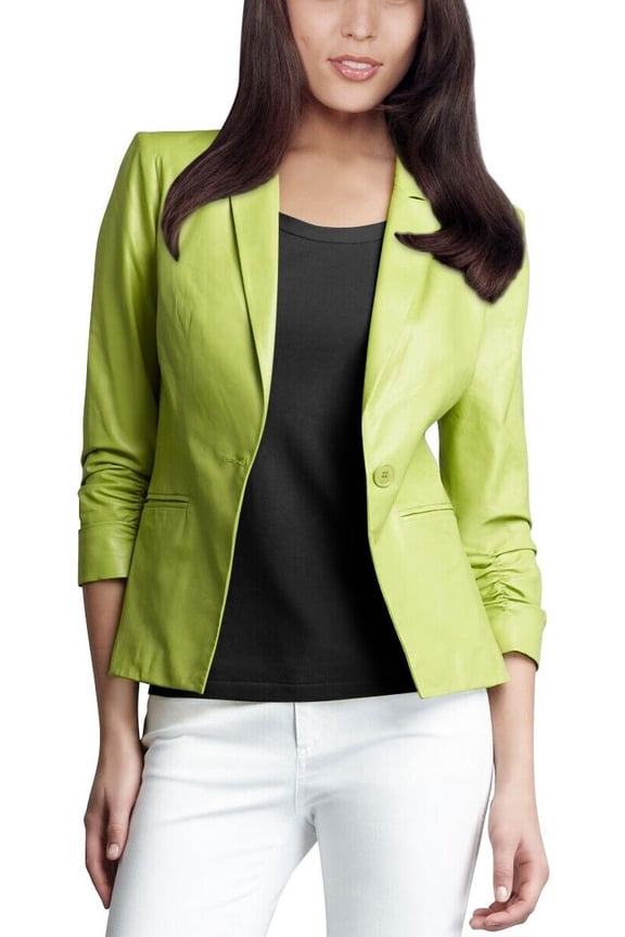 Genuine Real Lambskin Leather Green Stylish Women Classic Button Party Blazer