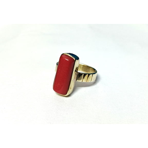 Genuine Red Coral Ring For Men & Women, Handmade Brass Moonga Birthstone Ring Gift, Antique Design Deep Red Blood Coral Ring