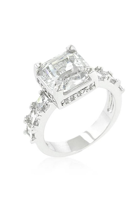 Genuine Rhodium Plated Asscher Cut Engagement Ring Featuring Round Cut Accent Stones in Silvertone - Size 9