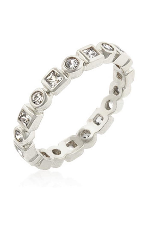 Genuine Rhodium Plated Bezel Set Round and Princess Cut Clear CZ Eternity Ring - Size 5