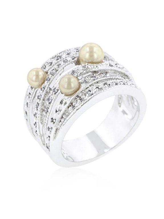 Genuine Rhodium Plated Champagne Pearl Cocktail Ring in Silvertone - Size 11