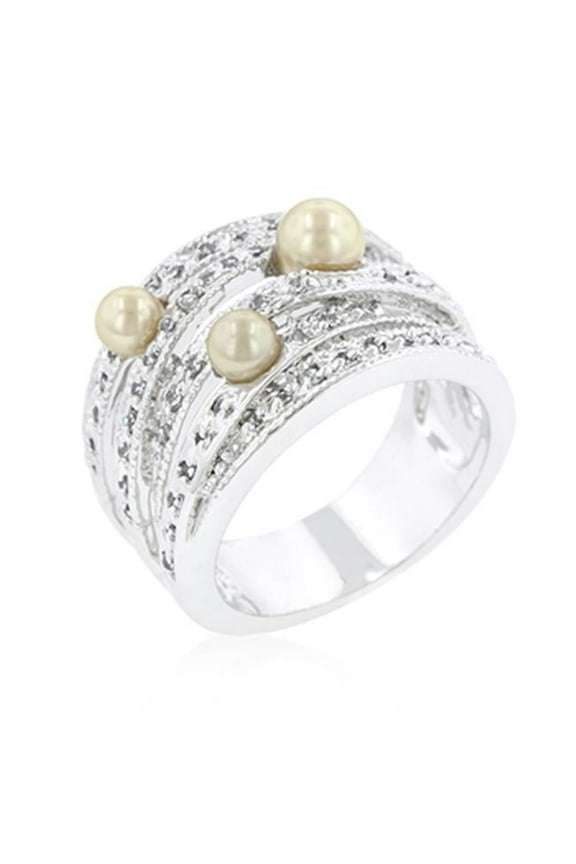 Genuine Rhodium Plated Champagne Pearl Cocktail Ring in Silvertone - Size 11
