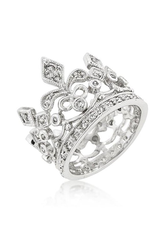 Genuine Rhodium Plated Crown Style Eternity Ring Featuring Milligrain Accents and Bezel Channel and Pave Set Round Cut Clear CZ in Silvertone - Size 5