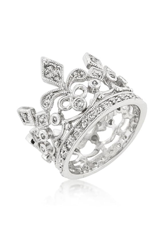 Genuine Rhodium Plated Crown Style Eternity Ring Featuring Milligrain Accents and Bezel Channel and Pave Set Round Cut Clear CZ in Silvertone - Size 8