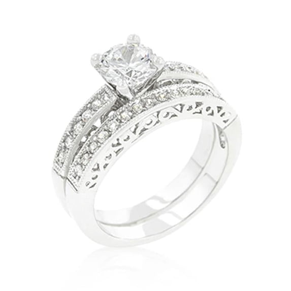 Genuine Rhodium Plated Engagement Ring Set with Round Cut Cubic Zirconia Set Along Filigree Shank with 1.6 Carat Center Stone in Silvertone - Size 6