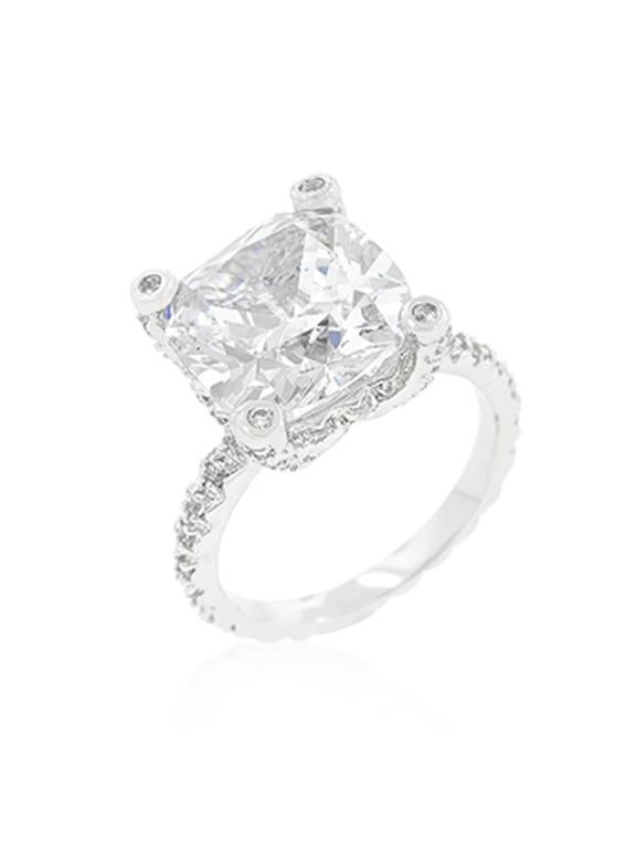 Genuine Rhodium Plated Engagement Ring with Huge 6.6 Carat Center Stone Accompanied with Round Cut Cubic Zirconia Accents in Silvertone - Size 9